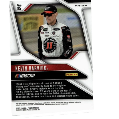 2025 panini prizm nascar trading card featuring kevin harvick silver in white and black racing suit with sponsor logos