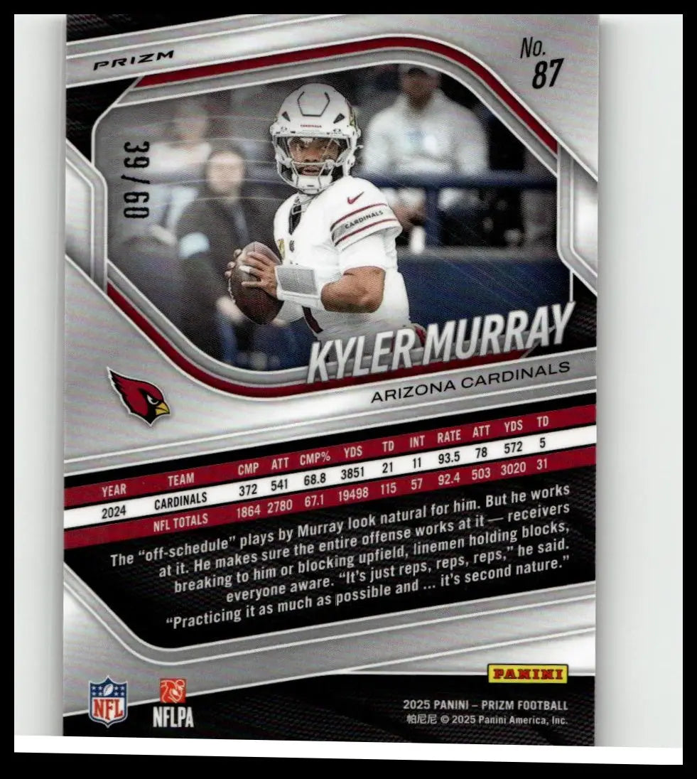Silver and red panini prizm football trading card featuring kyler murray in arizona cardinals uniform kyler murray pink