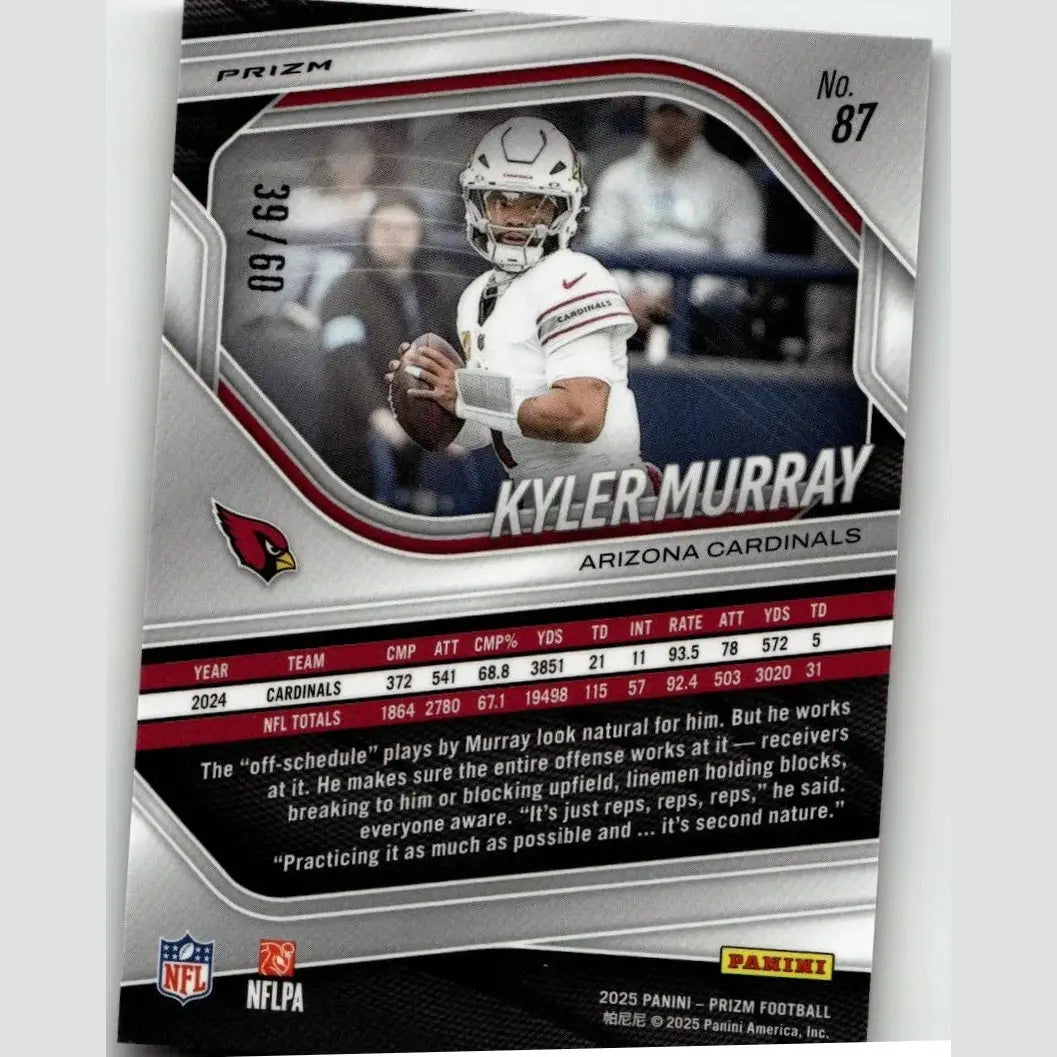 Silver and red panini prizm football trading card featuring kyler murray in white arizona cardinals uniform murray super bowl