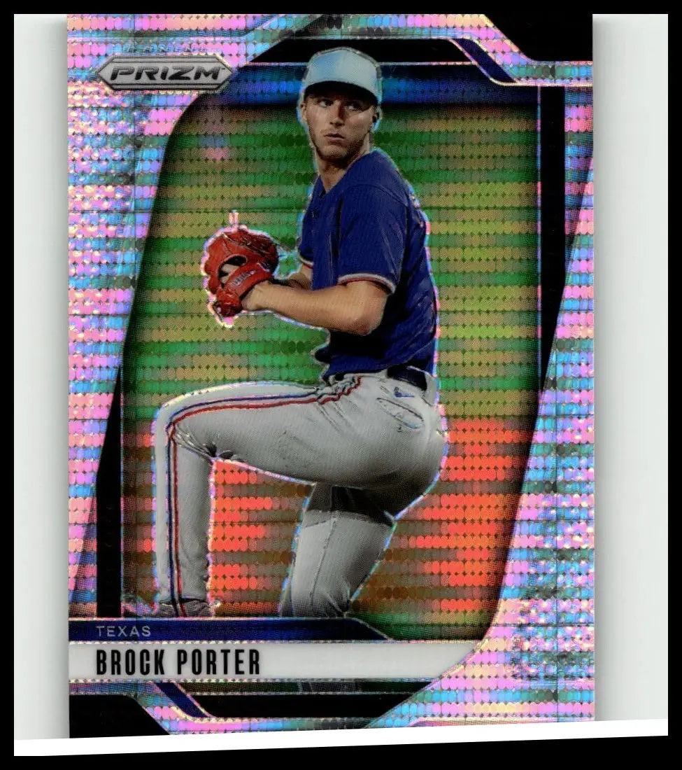 A vibrant 2025 Panini Prizm baseball card of Brock Porter in blue holding a red glove with holographic background