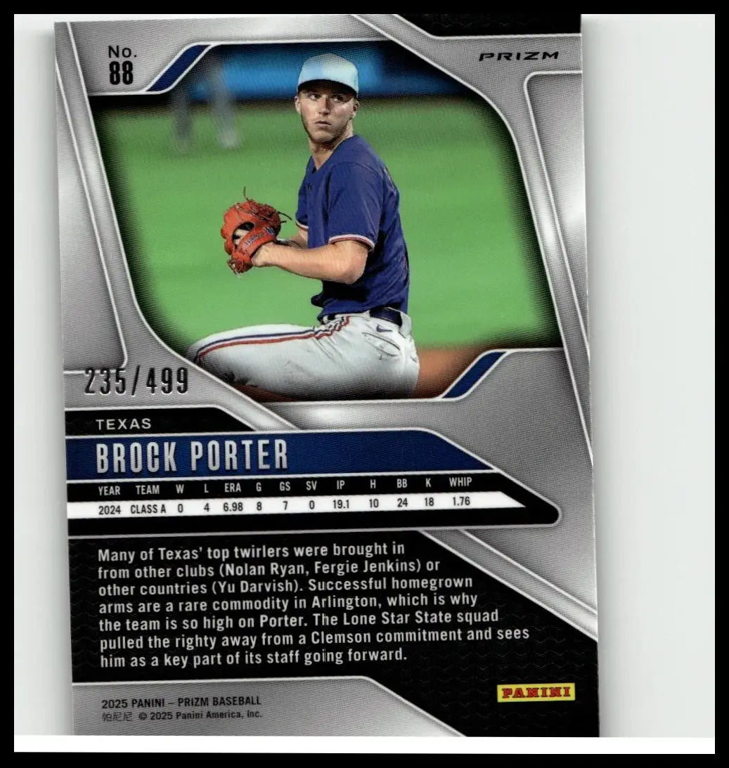Silver and black prizm baseball card featuring Brock Porter in blue jersey holding orange glove from 2025 Panini Porter Pulsar Prizms