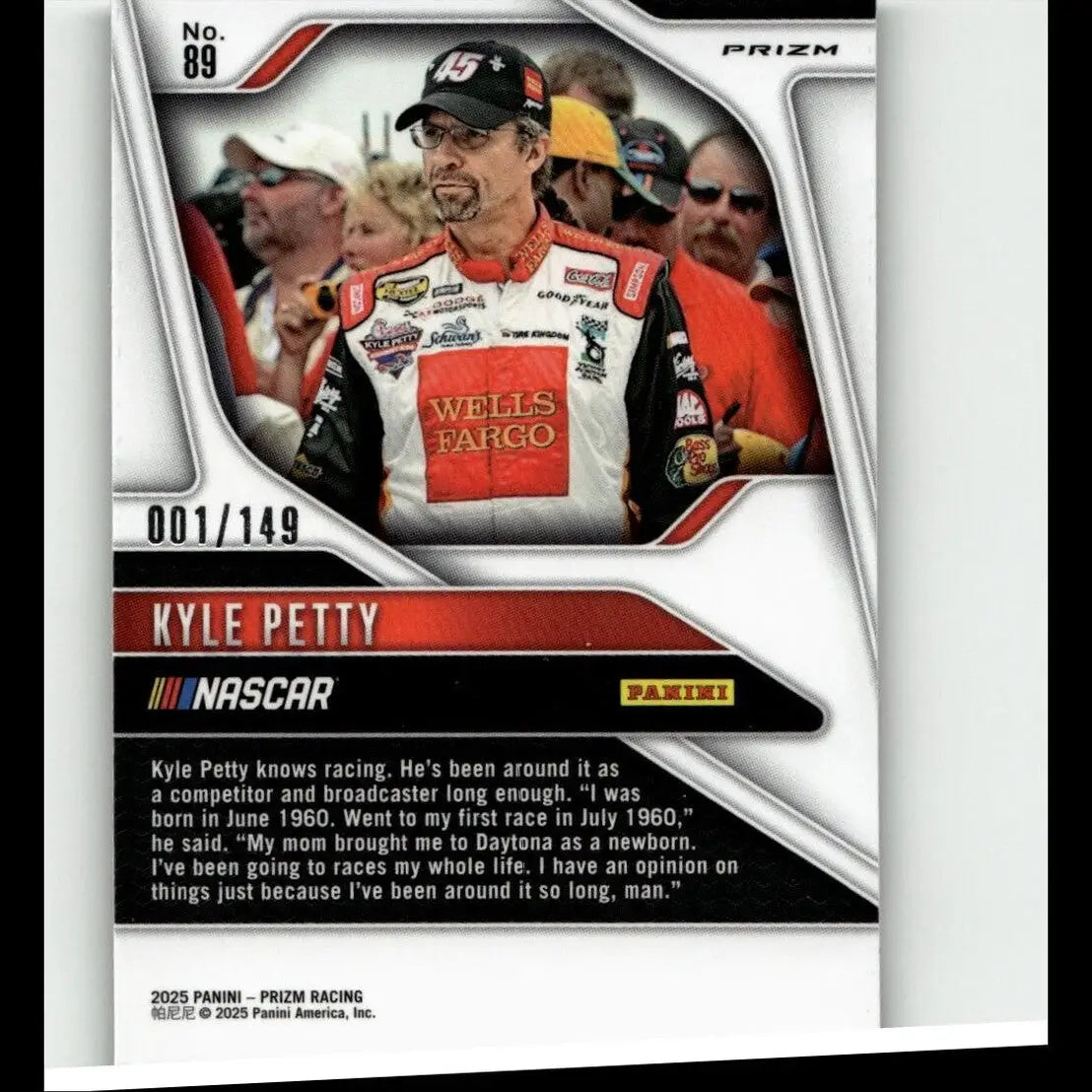 This 2025 Panini Prizm Nascar trading card features Kyle Petty in red white and black petty green scope colors