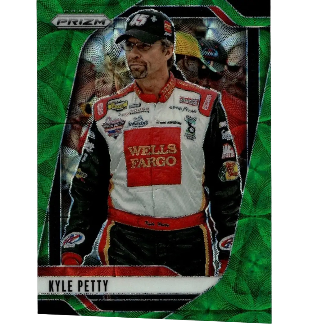2025 panini prizm #89 kyle petty green scope trading card featuring kyle petty in a black white racing suit with red accents