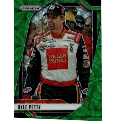 2025 panini prizm #89 kyle petty green scope trading card featuring kyle petty in a black white racing suit with red accents
