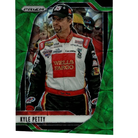 2025 panini prizm #89 kyle petty green scope trading card featuring kyle petty in a black white racing suit with red accents