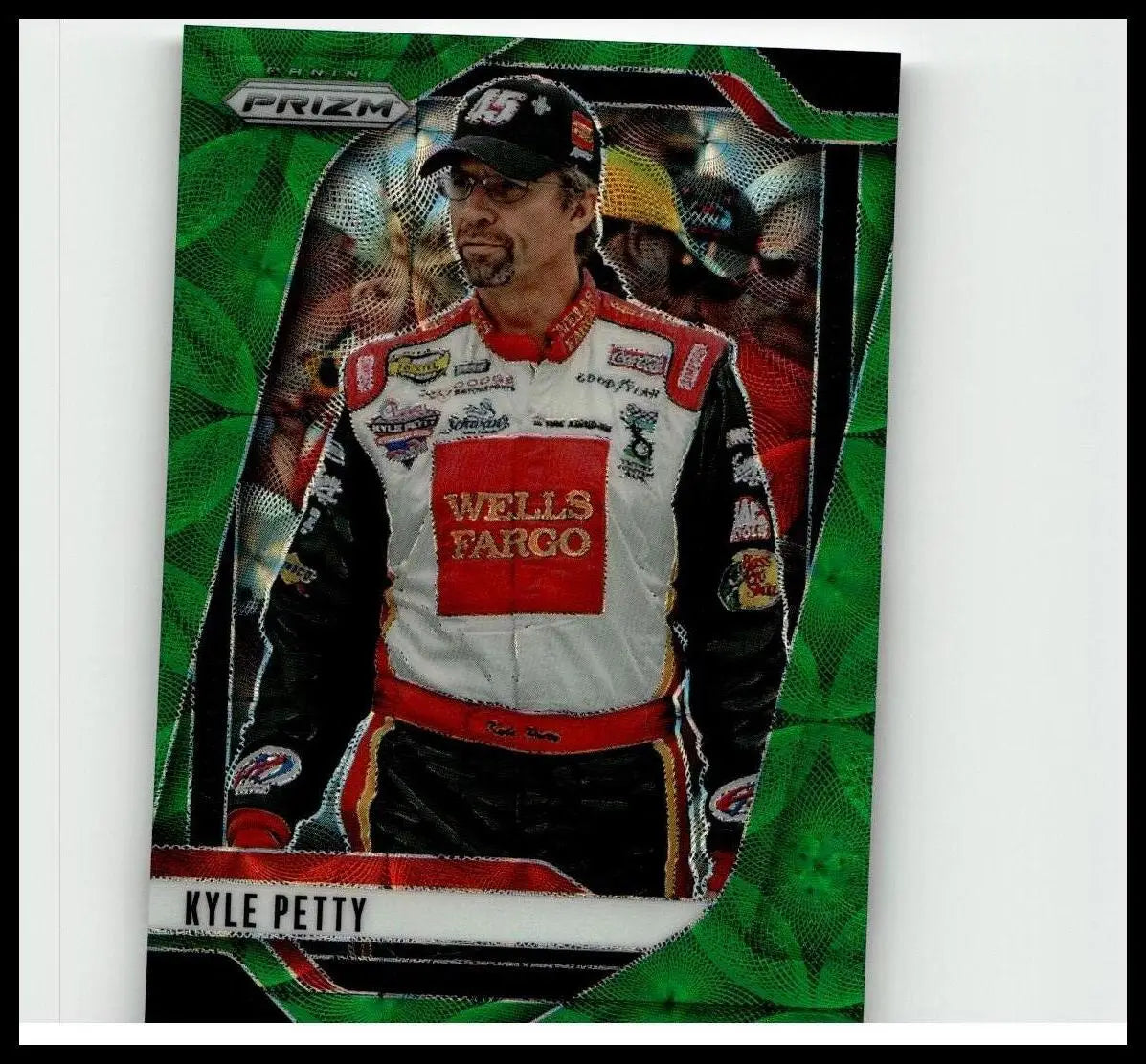 2025 panini prizm #89 kyle petty green scope trading card in white black red suit with wells fargo logo numbered 149