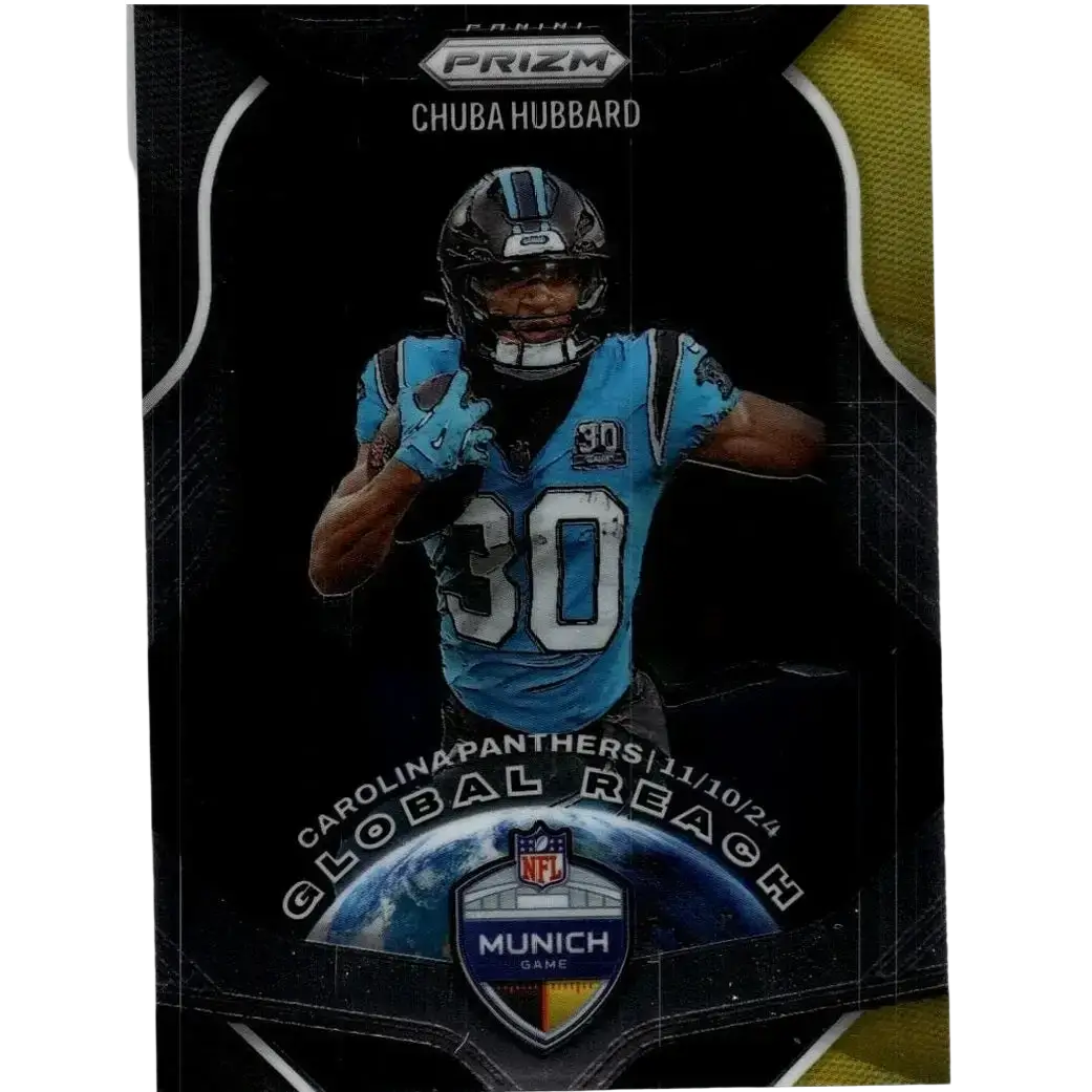 This black and gold 2025 panini prizm #9 chuba hubbard global reach trading card features hubbard in panthers jersey