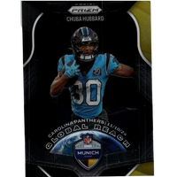 Black and gold 2025 panini prizm #9 chuba hubbard global reach trading card featuring hubbard in panthers jersey