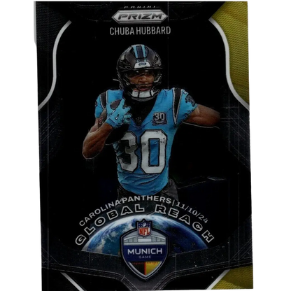 Black and gold 2025 panini prizm #9 chuba hubbard global reach trading card featuring hubbard in panthers jersey
