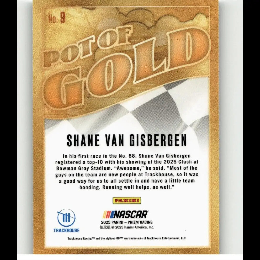Gold-colored pot of gold nascar trading card featuring shane van gisbergen with checkered flag design from panini prizm