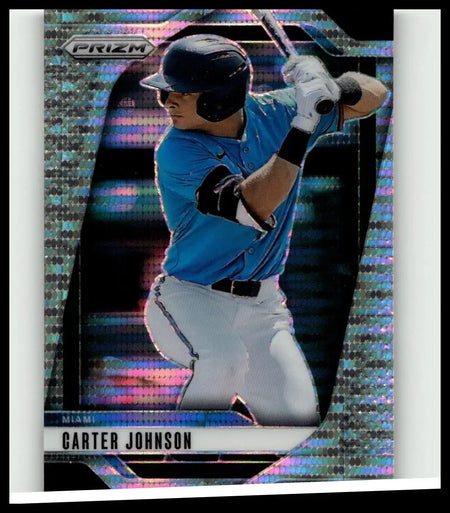 Blue and white baseball jersey with black accents worn by carter johnson in 2025 panini prizm carter johnson pulsar