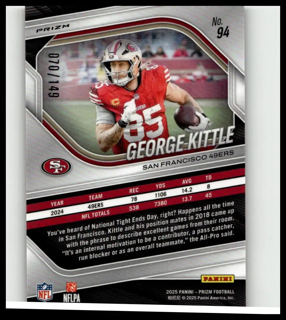 Silver and red 2025 panini prizm george kittle red wave football trading card featuring kittle in uniform