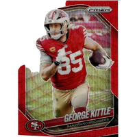 Red and silver panini prizm football trading card featuring george kittle in san francisco 49ers uniform kittle red wave