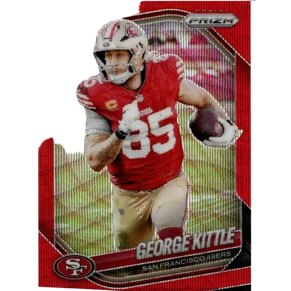 Red and silver panini prizm football trading card featuring george kittle in san francisco 49ers uniform kittle red wave