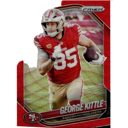 Red and silver panini prizm football trading card featuring george kittle in san francisco 49ers uniform kittle red wave