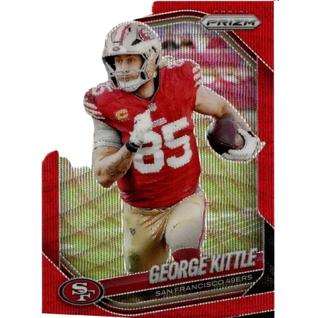 Red and silver panini prizm football trading card featuring george kittle in san francisco 49ers uniform kittle red wave