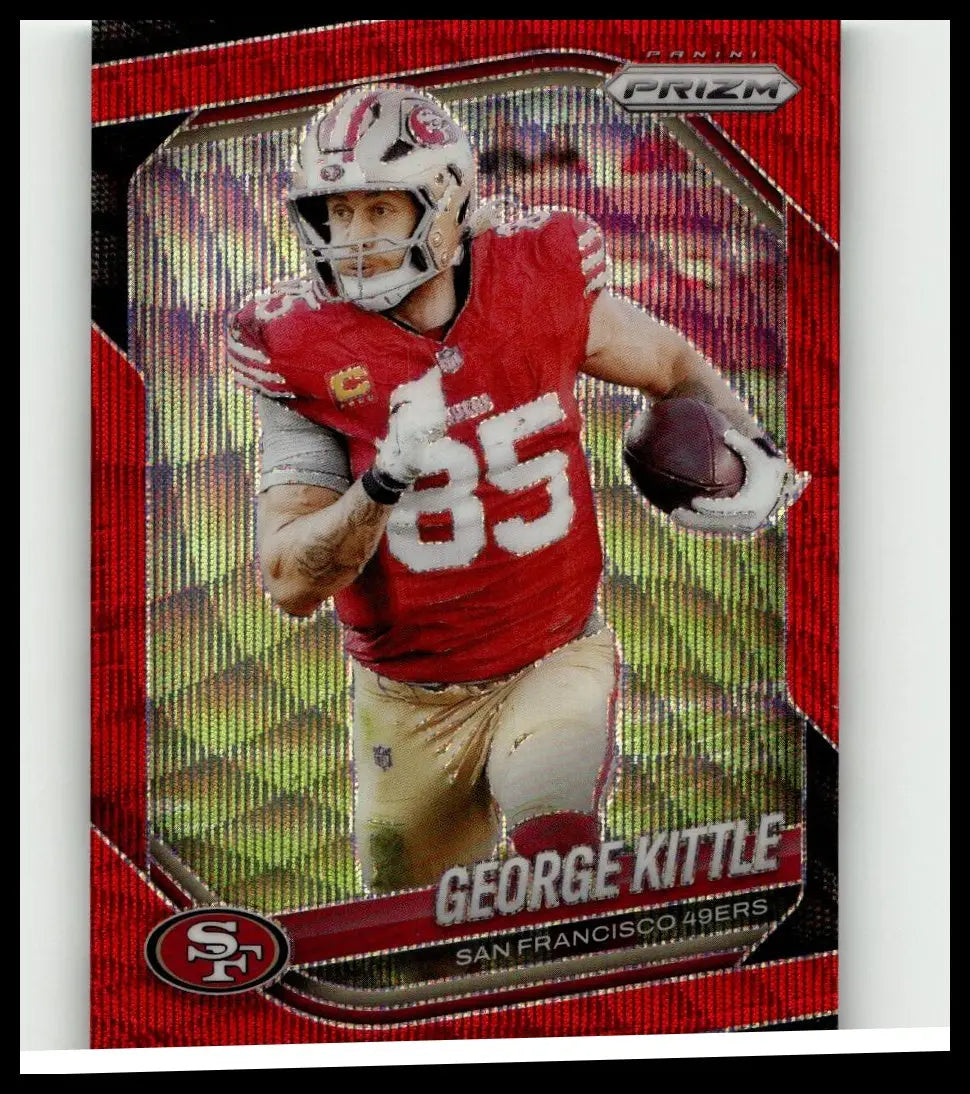Red and silver 2025 panini prizm football trading card featuring george kittle red wave in action numbered 94 of 149