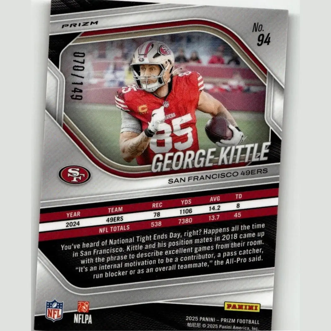 Silver and red panini prizm football trading card featuring george kittle in red jersey number 85 from kittle red wave series
