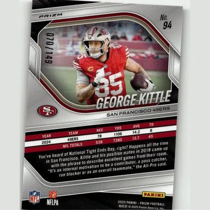 Silver and red panini prizm football trading card featuring george kittle in red jersey number 85 from kittle red wave series