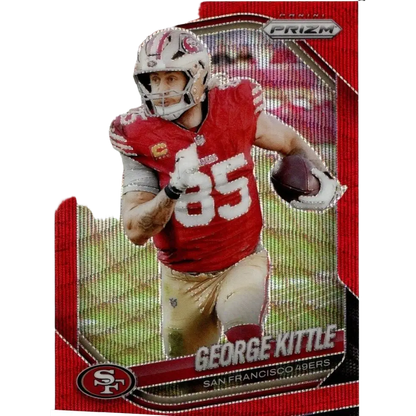 Red and silver panini prizm football trading card featuring george kittle in 49ers uniform kittle red wave rare