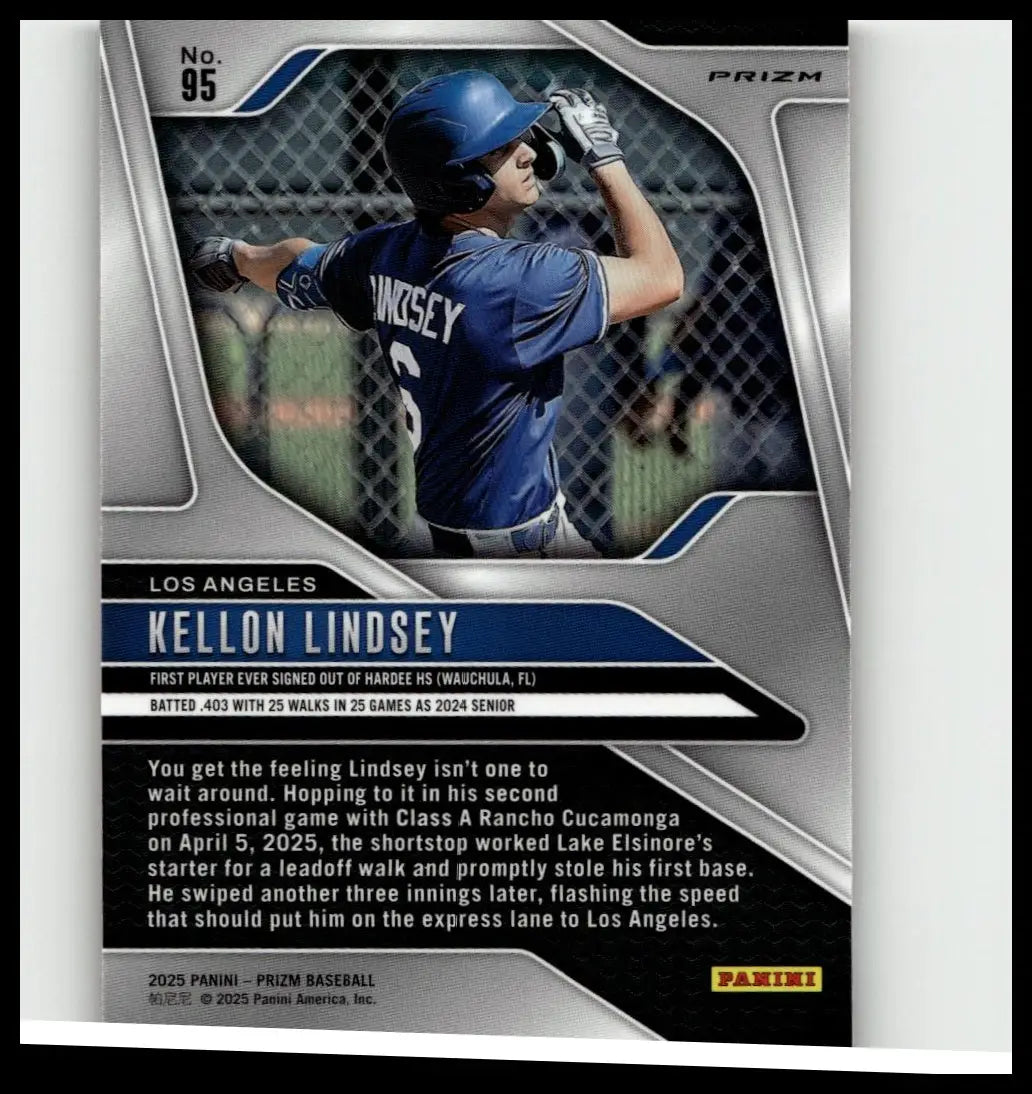 Blue baseball card of kellon lindsey in blue uniform number 3 featuring stats from los angeles in 2025 panini prizm ruby wave