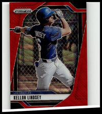A red and black 2025 panini prizm baseball trading card featuring kellon lindsey in a blue jersey mid-swing with ruby wave prisms