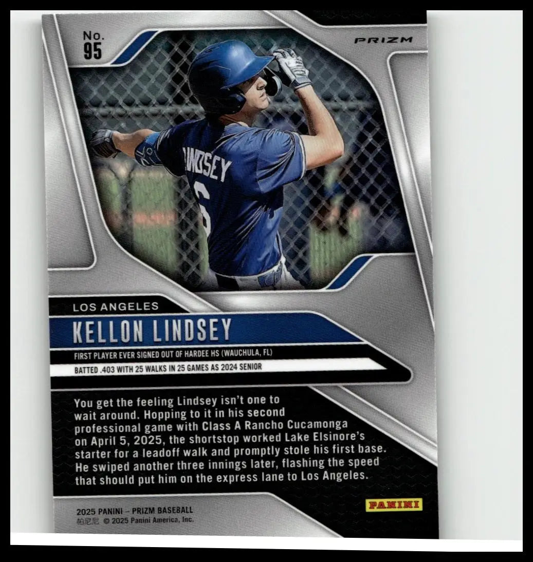 Silver and blue 2025 panini prizm #95 kellon lindsey baseball trading card featuring action pose in blue uniform with number 6