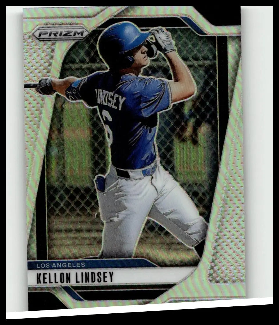 Blue and white 2025 panini prizm #95 kellon lindsey silver prizms baseball trading card in batting stance