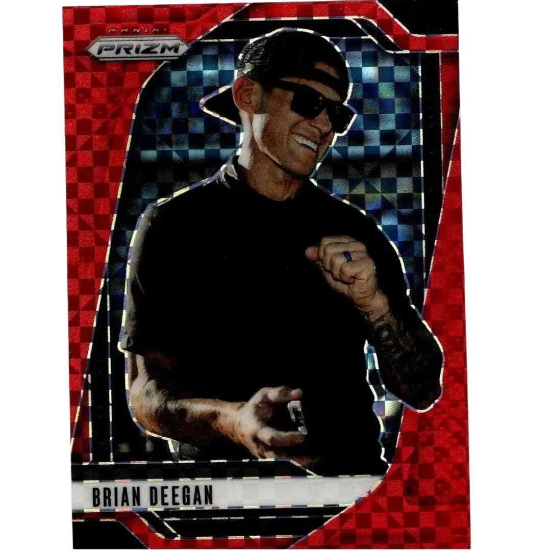 Red and black checkered 2025 panini prizm trading card featuring brian deegan deegan red power numbered to 175