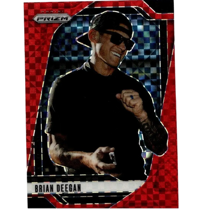 Red and black checkered 2025 panini prizm trading card featuring brian deegan deegan red power numbered to 175