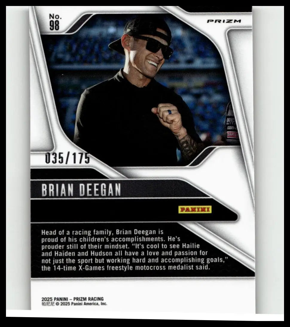 Black and silver 2025 panini prizm #98 brian deegan red power limited edition trading card number 98 of 175