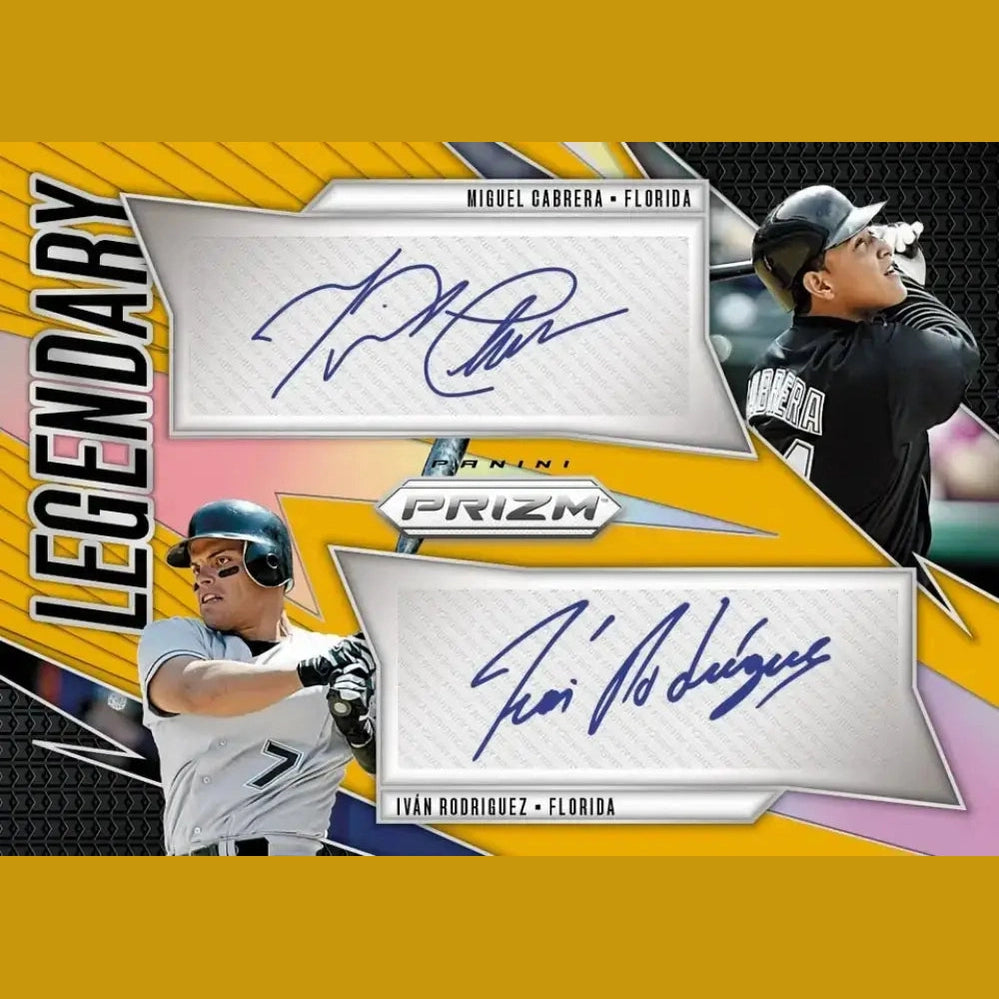 Baseball trading card featuring autographed images of Miguel Cabrera and Iván Rodríguez.