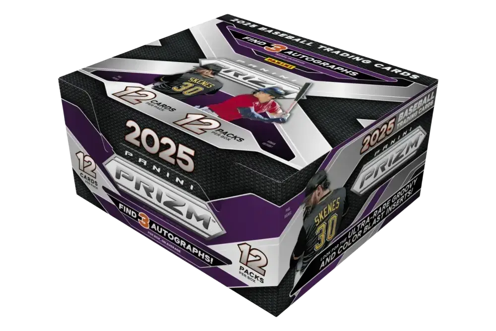 A sealed box of 2025 Panini Prizm baseball trading cards.