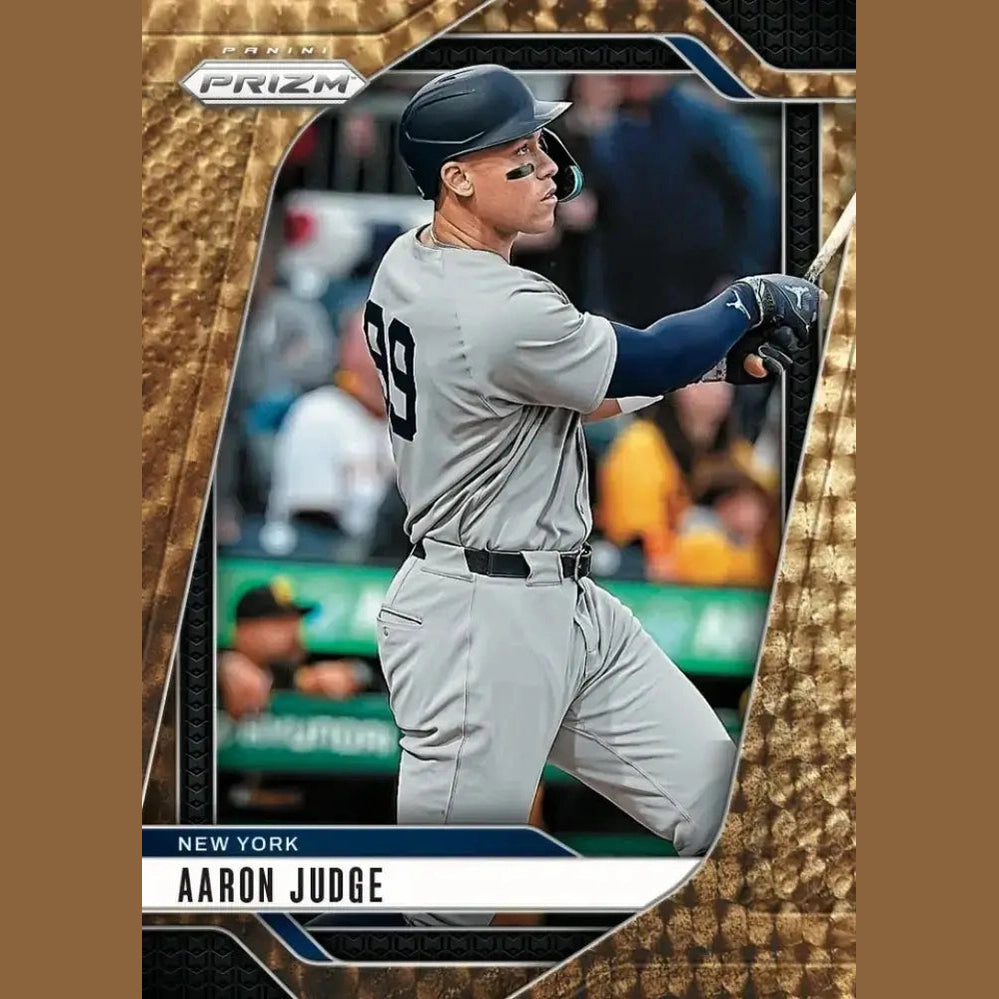 A baseball card featuring Aaron Judge in a New York Yankees uniform.