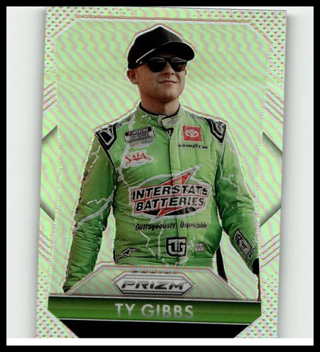 2025 panini prizm carolina #168 ty gibbs trading card featuring green racing suit with black accents and sponsor logos