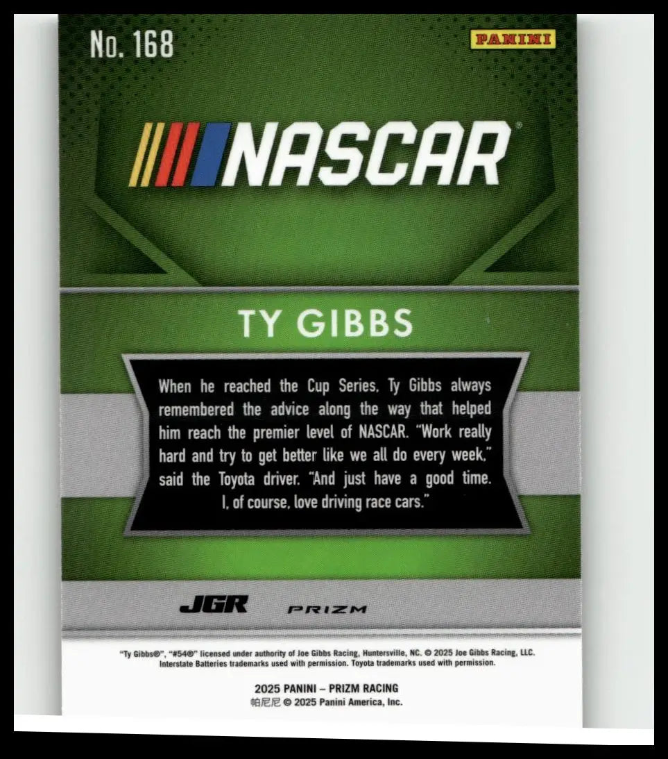 Green nascar trading card featuring ty gibbs with black text box and silver accents from 2025 panini prizm toys and games