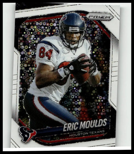 This 2025 Panini Prizm Eric Moulds #53 white disco prizm card features a dynamic action pose with a holographic background