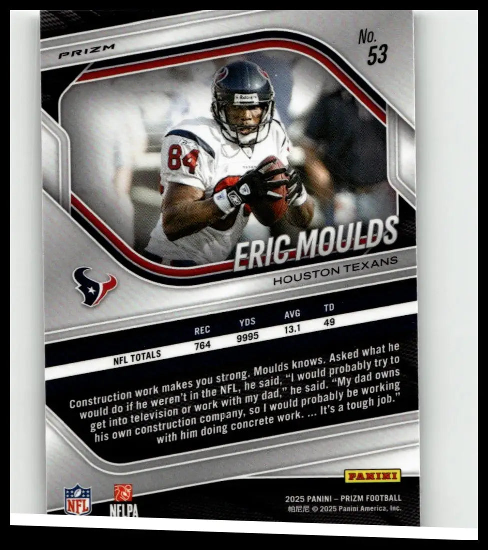 Silver and black 2025 panini prizm football trading card featuring eric moulds in white disco prizm jersey for toys and games