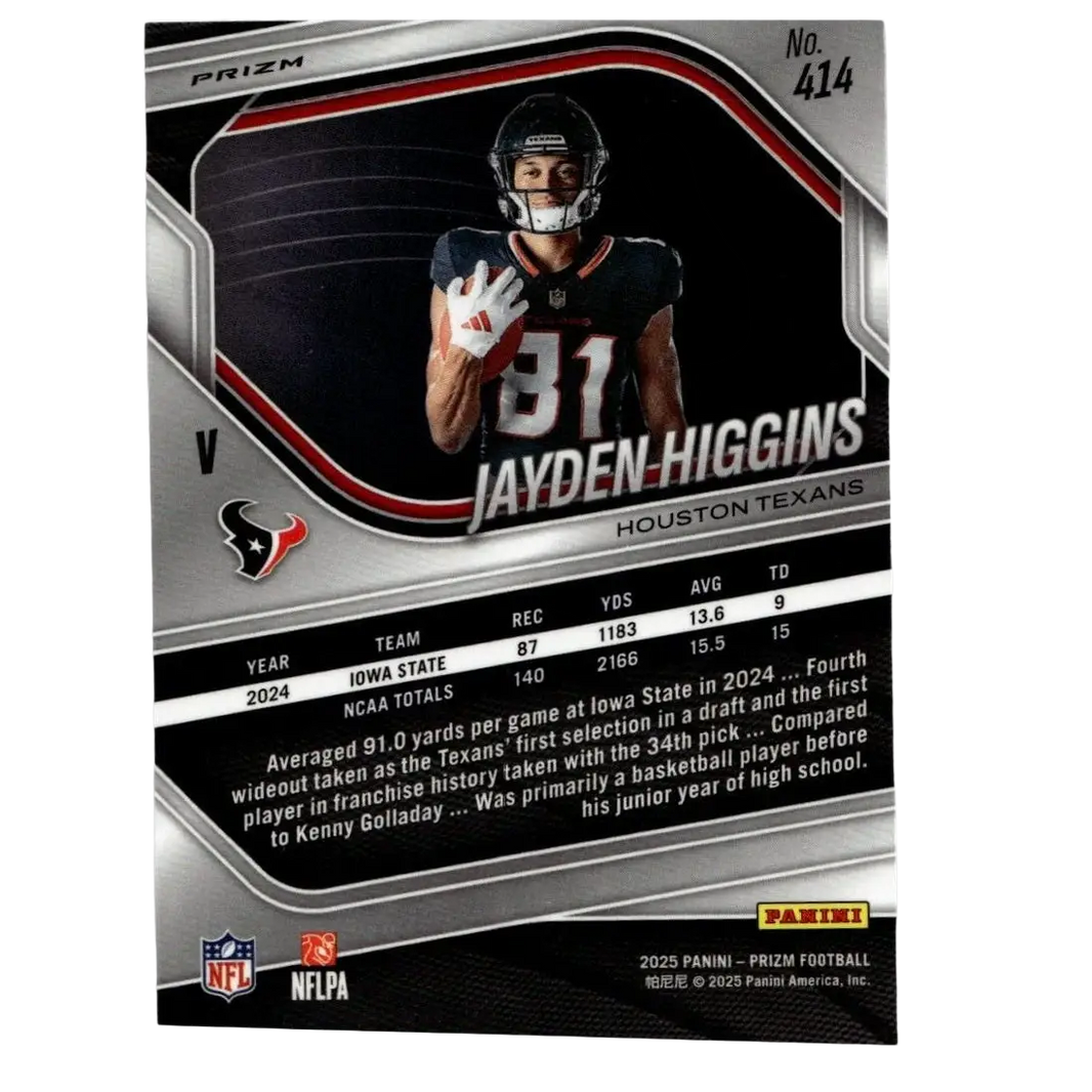 Silver and black 2025 panini prizm jayden higgins rookie variation #414 football trading card with houston texans uniform