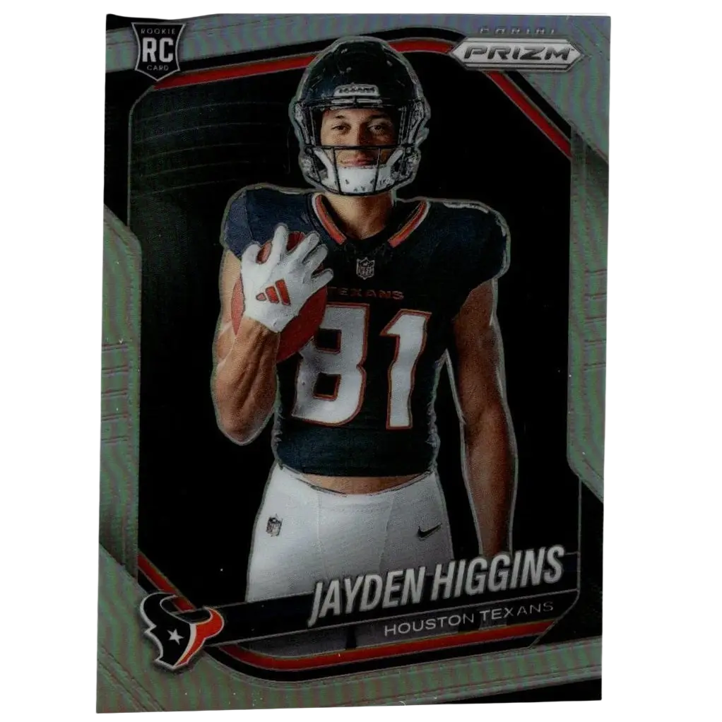 Black and white houston texans rookie rc football trading card featuring jayden higgins in jersey 81 from 2025 panini prizm