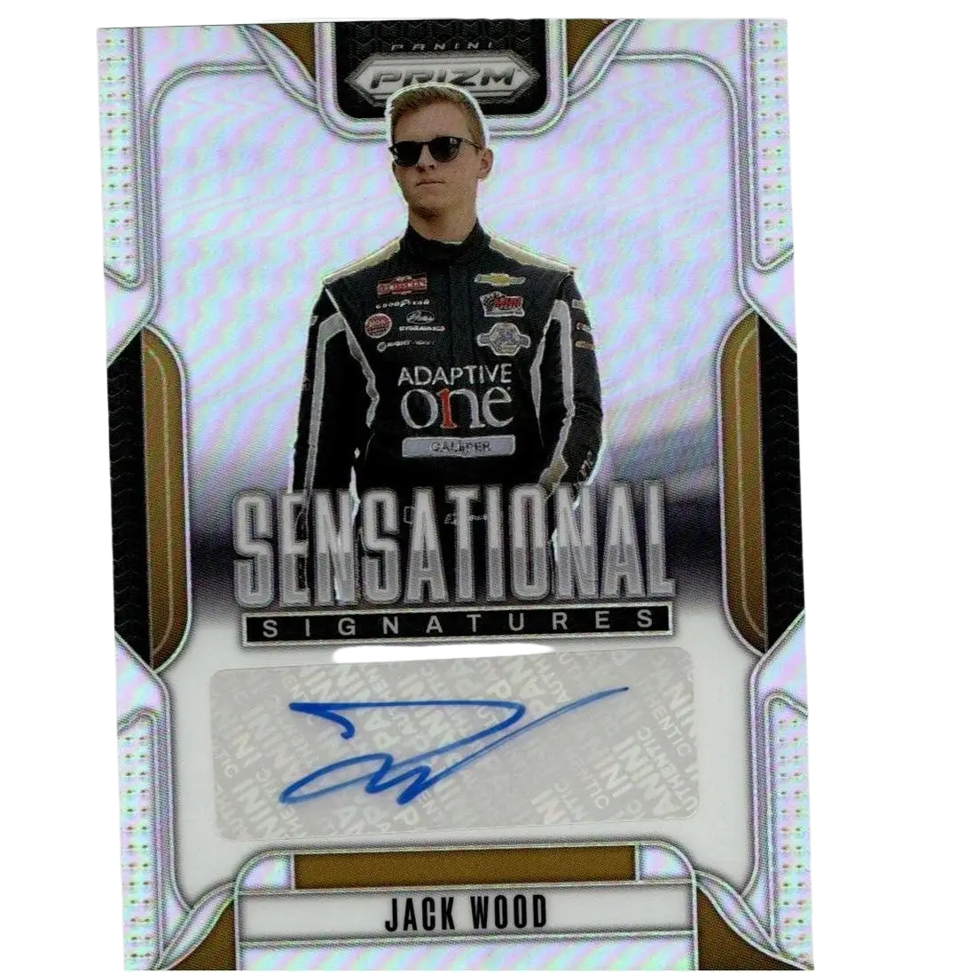 2025 panini prizm jack wood sensational signatures trading card with holographic silver and gold background