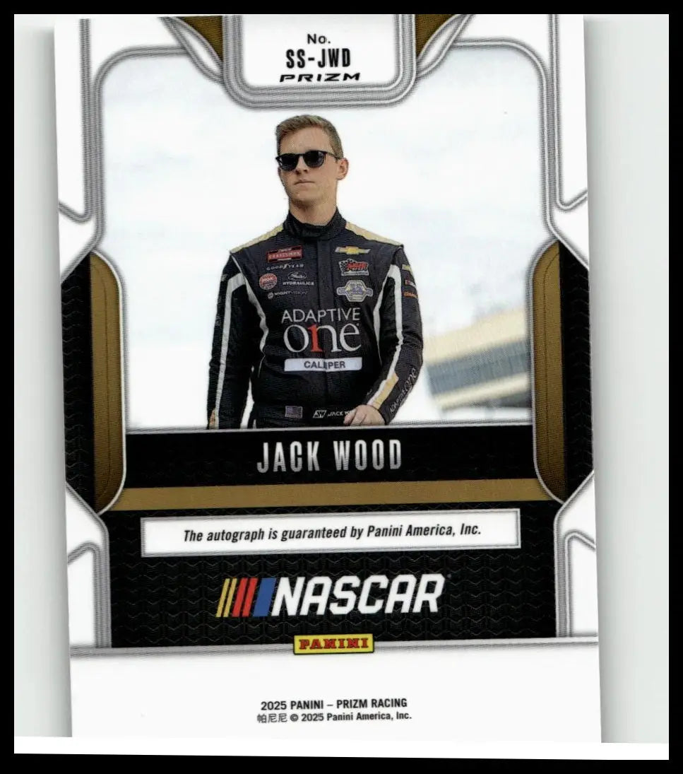 Black and gold 2025 panini prizm nascar trading card featuring jack wood in racing suit from wood sensational signatures
