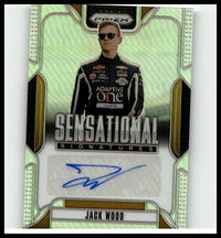 2025 panini prizm sensational signatures trading card featuring jack wood in black and white suit with holographic background