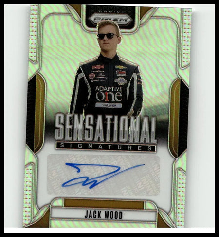 2025 panini prizm sensational signatures trading card featuring jack wood in black and white suit with holographic background