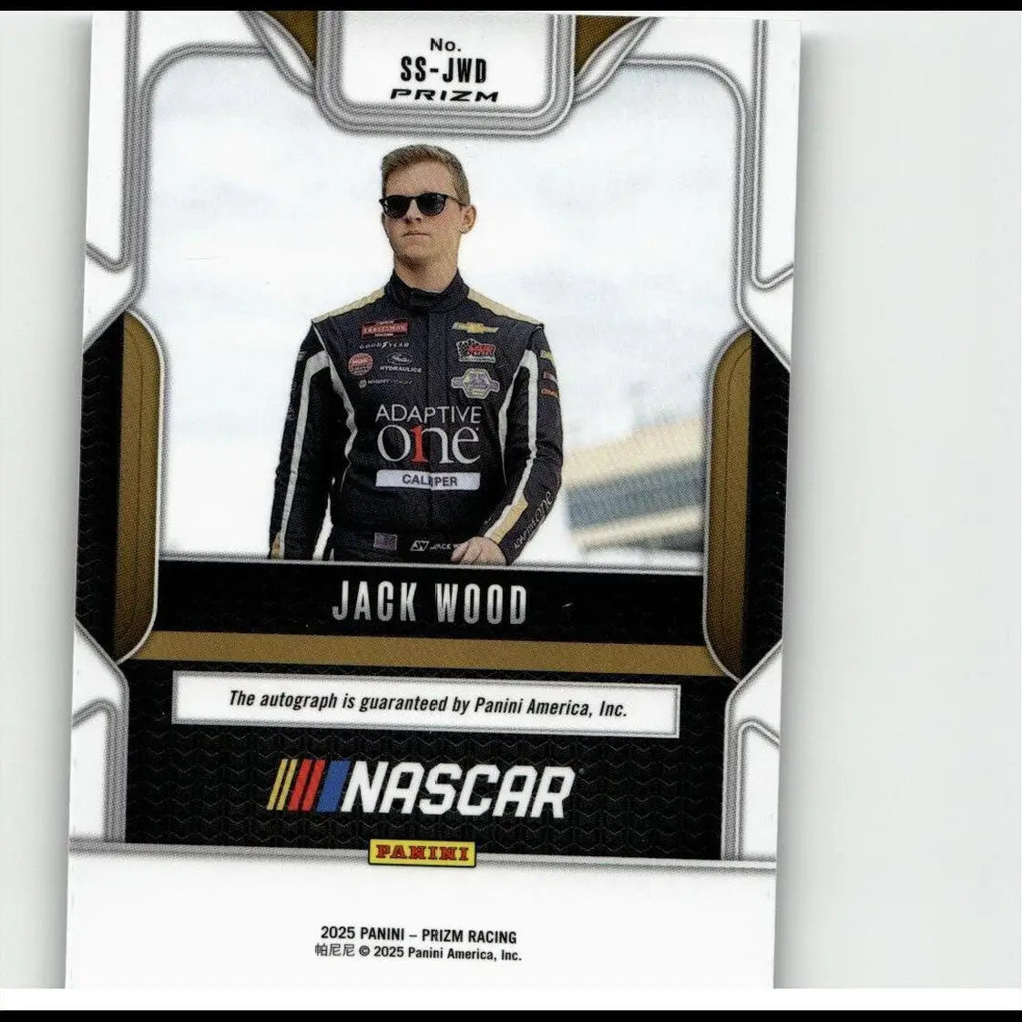 Black and gold panini prizm nascar trading card featuring jack wood sensational signatures in racing suit