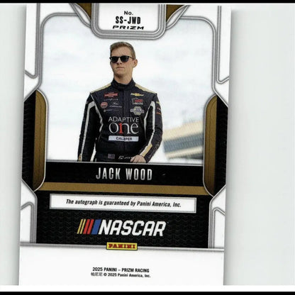Black and gold panini prizm nascar trading card featuring jack wood sensational signatures in racing suit