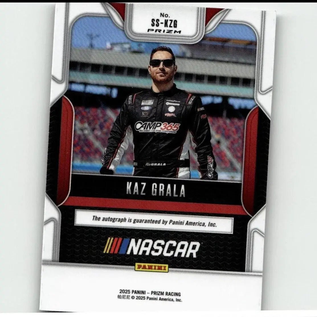 Black and red nascar panini prizm trading card featuring kaz grala sensational signatures in black racing suit