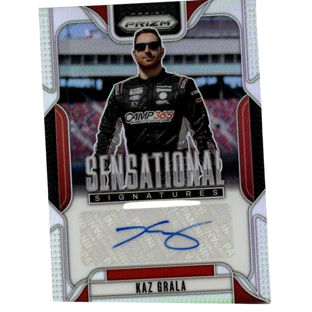 Black and red 2025 panini prizm kaz grala sensational signatures trading card with autograph in racing suit