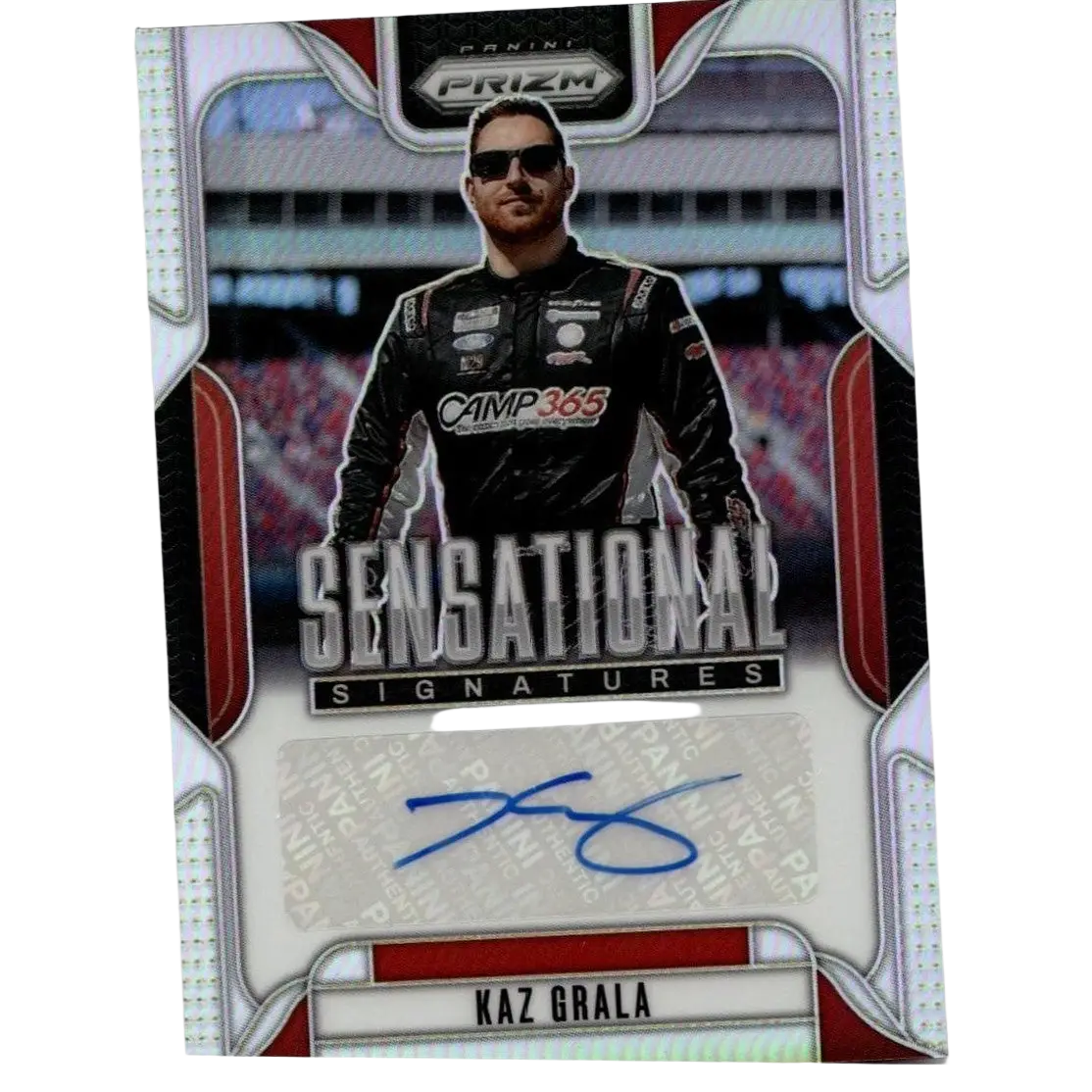 Black and red 2025 panini prizm kaz grala sensational signatures trading card with autograph in racing suit