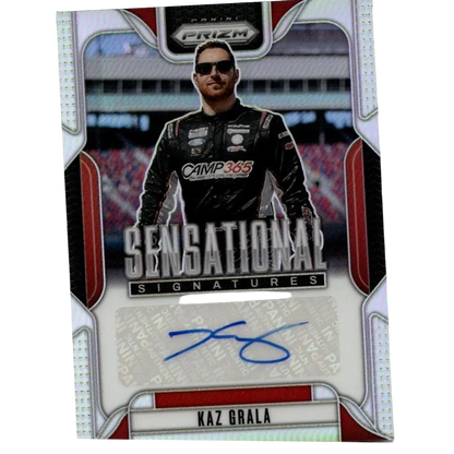 Black and red 2025 panini prizm kaz grala sensational signatures trading card with autograph in racing suit